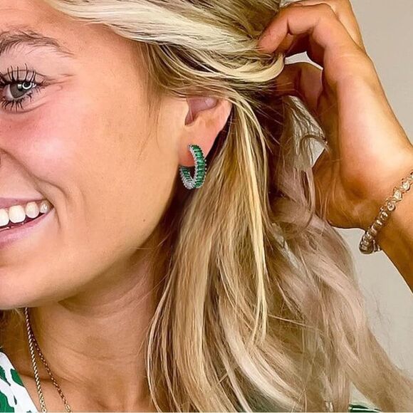 14K White Gold with Emerald Green Cubic Zirconia Drop Hoop Leverback Earrings main image 1